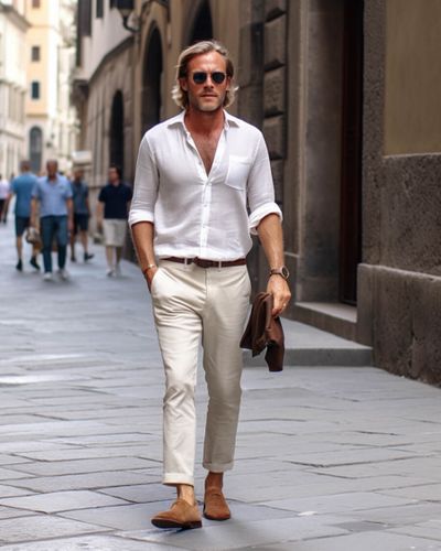 Linen White Shirt with Beige Trousers